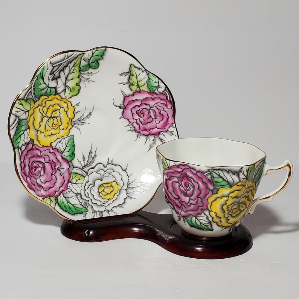 Rosina Teacup and Saucer Floral Pink Yellow White Vintage